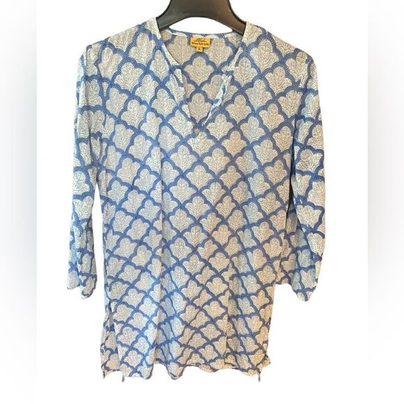 Roberta Roller Rabbit Sz S Light Blue Patterned Lightweight Lace-Up Top - Picture 1 of 6